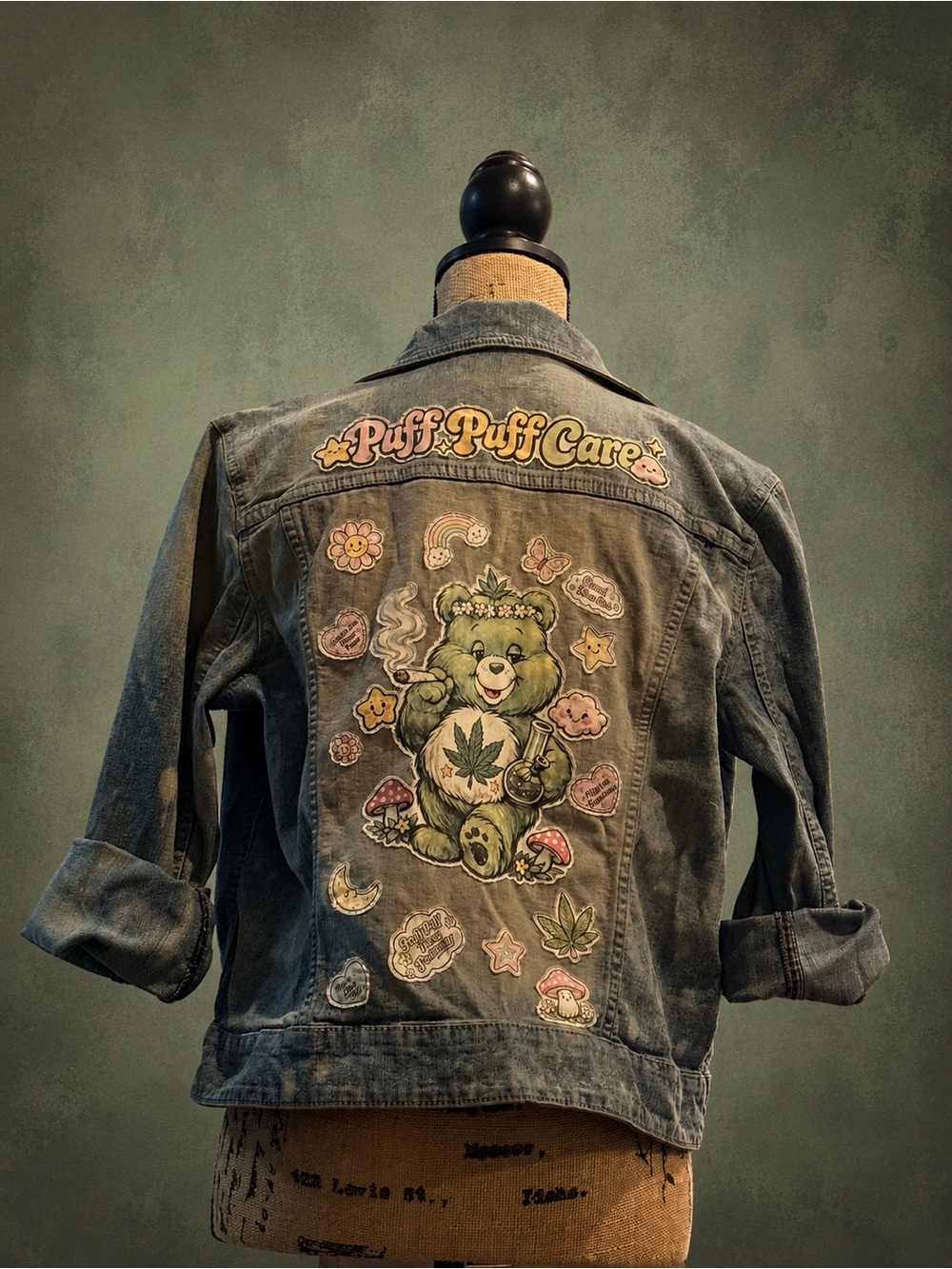 One of a kind Care Bear Stoner Denim Jacket Back Patch Design - Picture 3 of 4